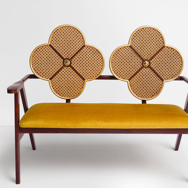 Fleur Settee in Cane and Yellow Velvet Suede