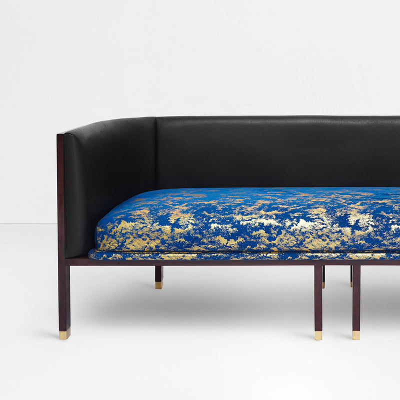 Erete 3 seater in blue/gold velvet seat and black leather backrest