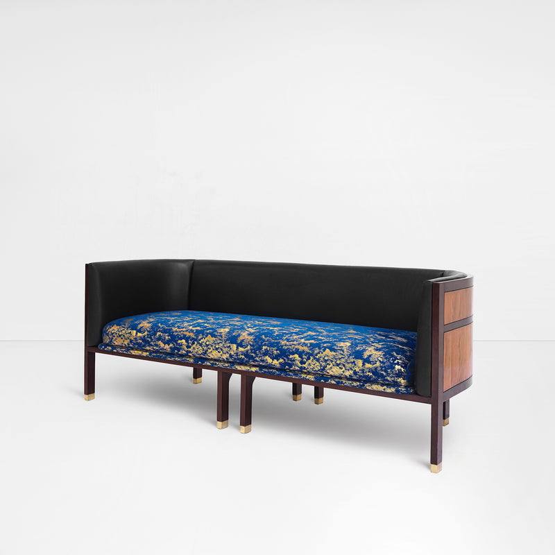 Erete 3 seater in blue/gold velvet seat and black leather backrest