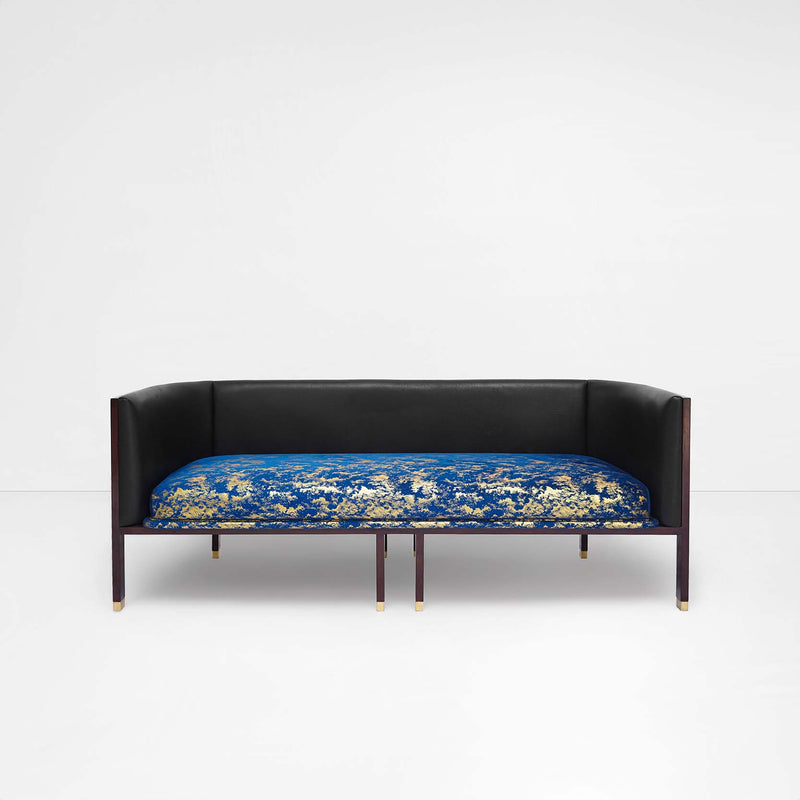 Erete 3 seater in blue/gold velvet seat and black leather backrest