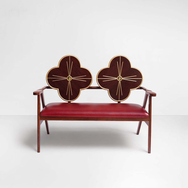 Fleur Settee in Wood Back and Red Leather