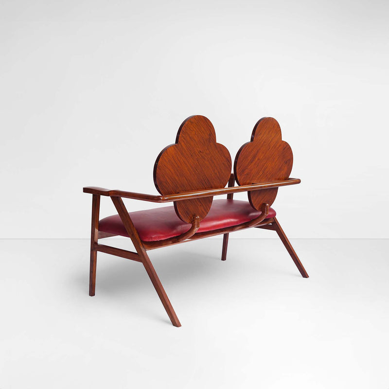 Fleur Settee in Wood Back and Red Leather